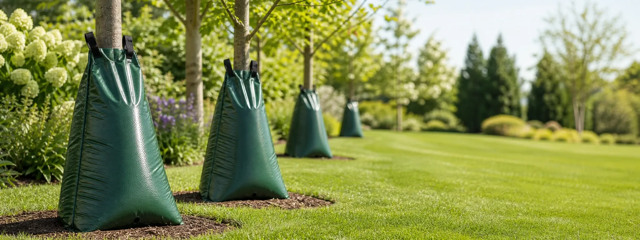 Professional-grade slow release tree irrigation bags positioned around young trees in a lush British garden setting, showcasing green grass and flowering plants.