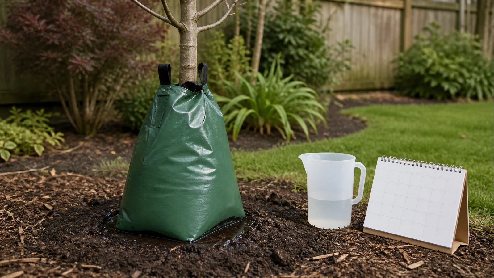 Young UK tree with a watering bag beside litre markers suggesting a weekly watering target