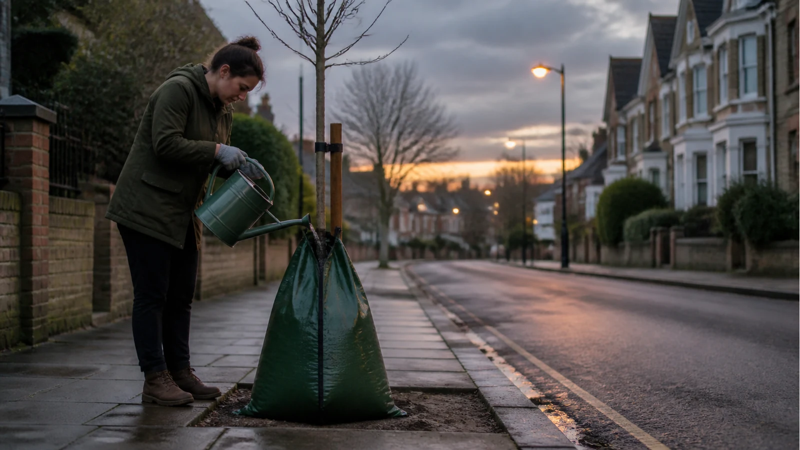 Person filling a tree watering bag from a watering can beside a newly planted UK street tree