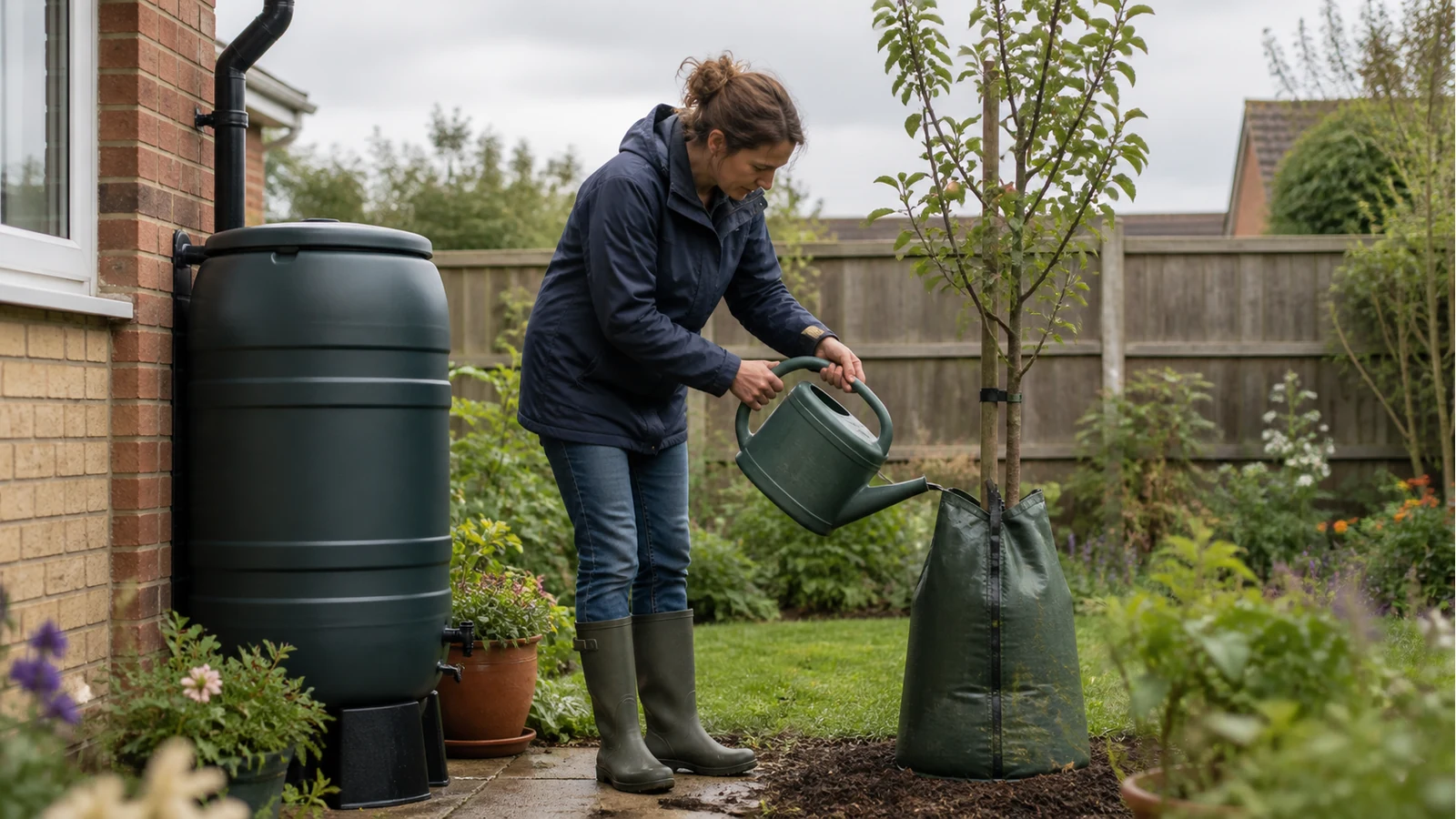 Filling a tree watering bag from a rainwater butt using a watering can in a UK garden