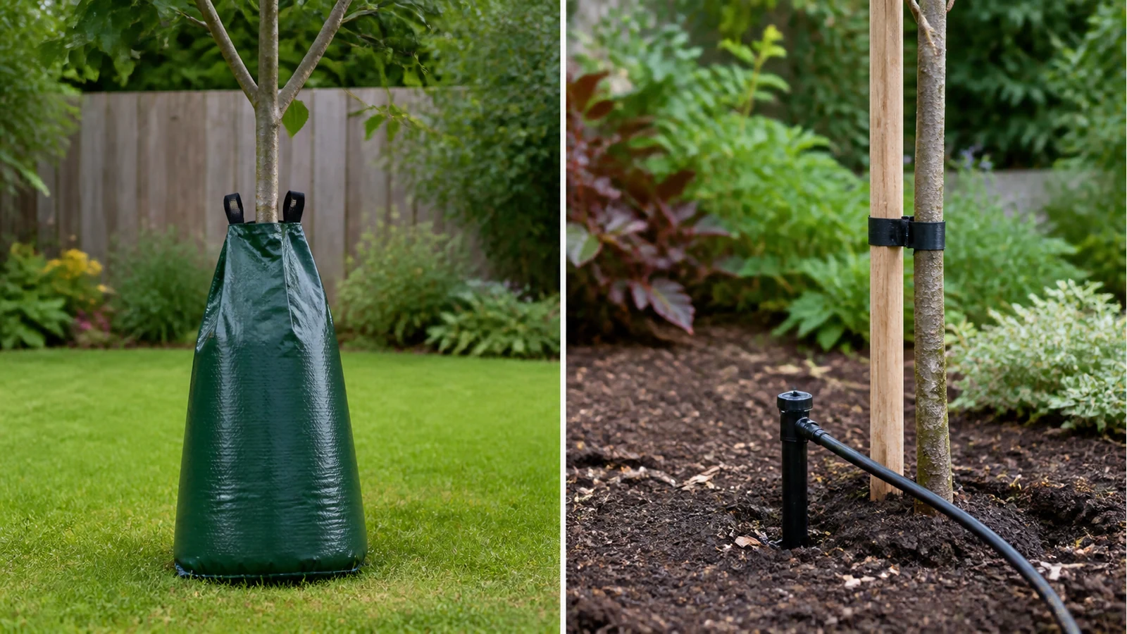 Comparison view of a tree watering bag and a buried irrigation tube on newly planted UK trees