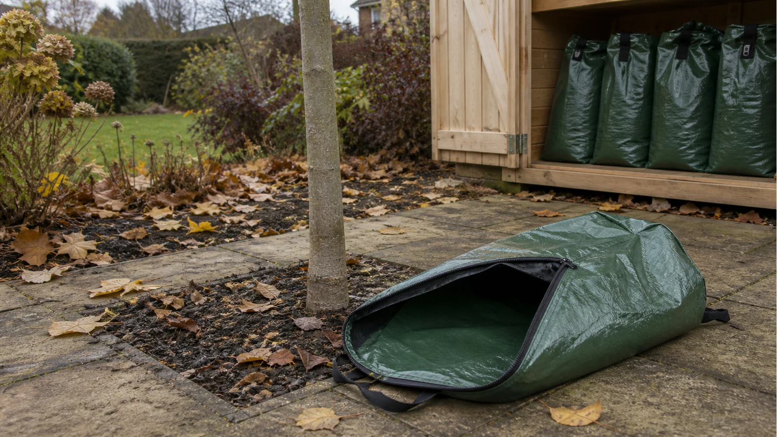 Empty tree watering bag removed from a young tree for winter storage in a UK garden